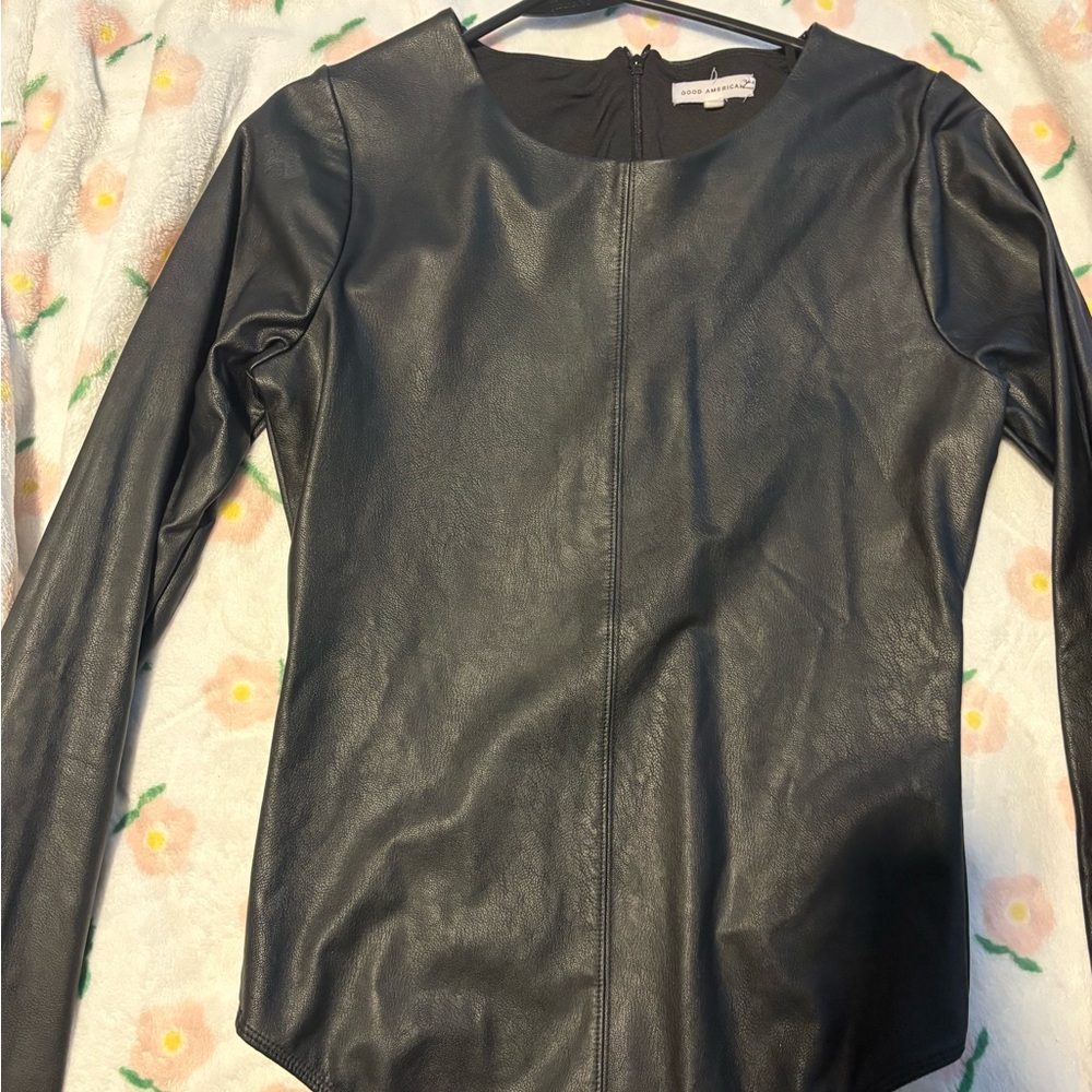 Good American Sleek Black Leather Bodysuit